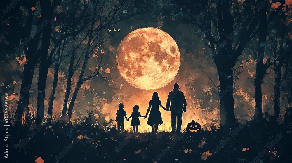 Sticker family silhouettes at the end of the forest on halloween full moon trick or treat  