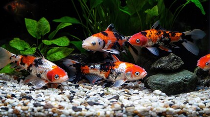 A mesmerizing scene of nine vibrant koi fish gracefully swimming in a crystal-clear aquarium, surrounded by smooth stones and lush seaweed. The vivid colors of the koi, including bright oranges, 