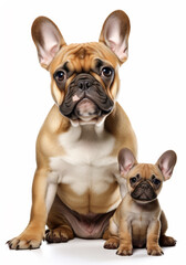 Fototapeta premium Cute Adult bulldog and puppy sitting on white background