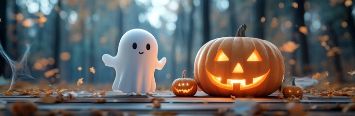 Fototapeta premium cute ghost stands by a carved pumpkin with Halloween decor on wooden table, forest blurred behind.