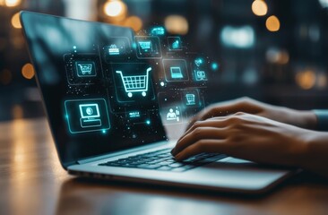 person shops online on their laptop, with shopping icons floating above, focusing on the keyboard.