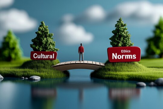 Person standing on a bridge between two islands labeled "Ethics" and "Cultural Norms", symbolizing the connection and tension between universal ethics and moral relativism