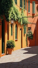 Naklejka premium Charming street with colorful walls and greenery on a sunny day.