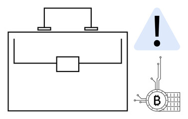 A minimalist style briefcase, warning sign, and Bitcoin symbol. Ideal for business, finance, cryptocurrency, security, and digital technology themes. The items are outlined in black on a white