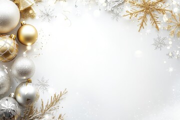 Minimalist white background with gold and silver Christmas decorations, snowflakes, and space for text.