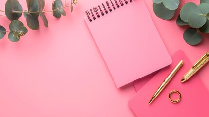 Elevated view of a stylish feminine workspace featuring pink notepads a chic pen gold rings and eucalyptus perfect for creativity and planning