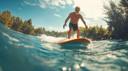 Male senior surfer at ocean for surf journey
