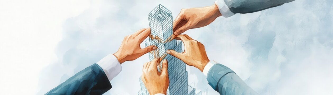 Conceptual image of hands building a skyscraper together, symbolizing teamwork, synergy, and business growth