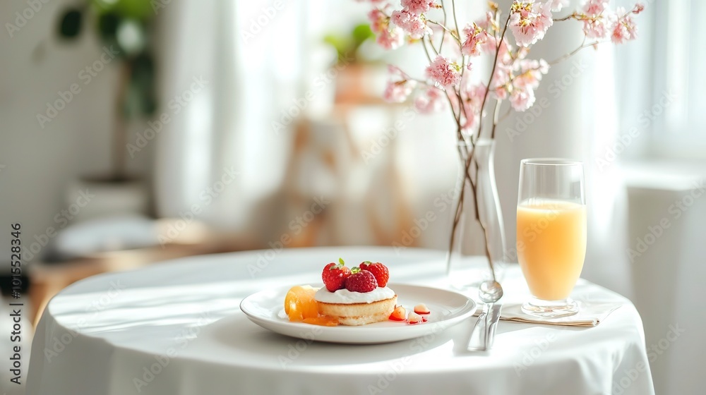 Canvas Prints A mother's day breakfast setup with a single plate and glass of juice on a white table. 