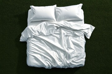Realistic image of a luxurious bed with rumpled white sheets, symbolizing a comfortable, restful sleep environment