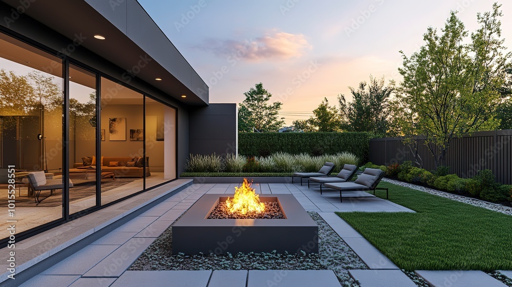 Canvas Prints A modern gray terrace surrounds a backyard fire pit at sunset, allowing relaxation and communication 