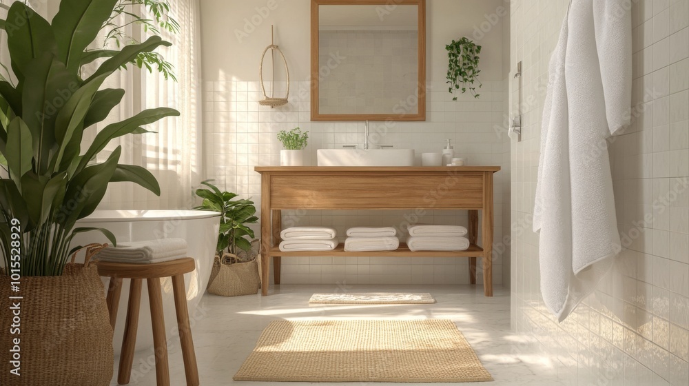 Aufkleber natural light fills the bathroom, highlighting wooden furniture and soft towels. green plants add a 