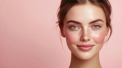 beautiful smiling brunette blue eyes blushed cheeks young model for close up head shot studio lighting pastel pink background 