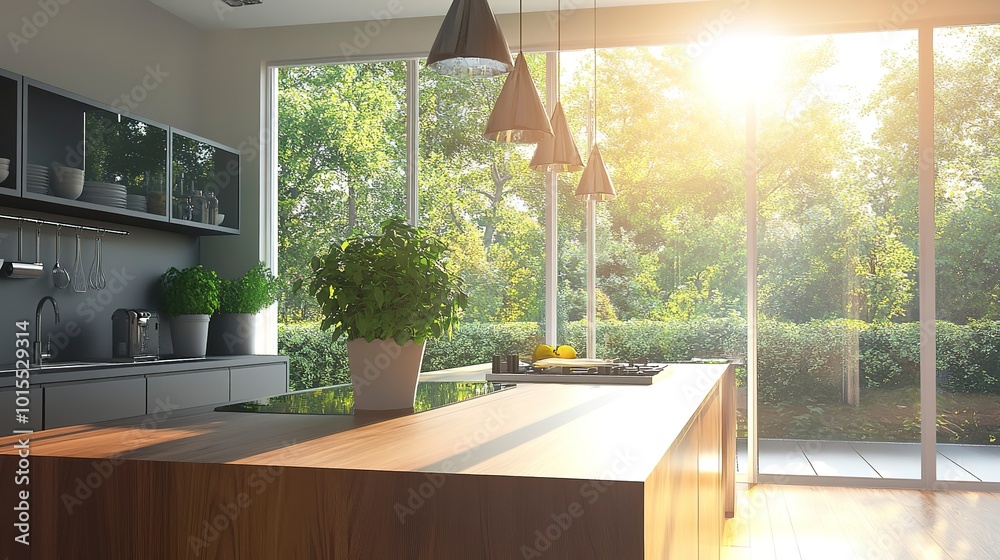 Sticker A contemporary kitchen features an island with a potted plant, pendant lights, and expansive windows that allow natural light to flood the space. The decor is sleek and inviting 