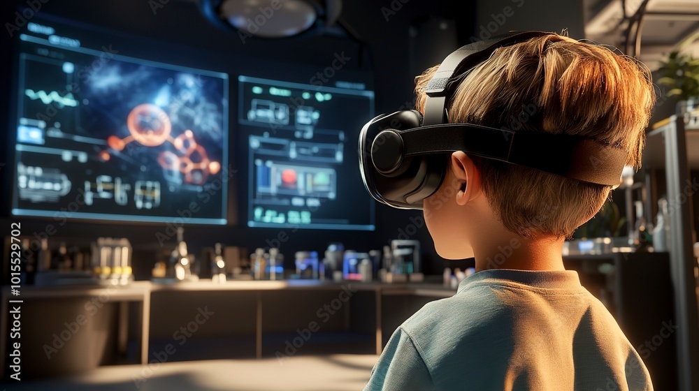 Sticker A child donning a VR headset, exploring a virtual laboratory environment filled with scientific equipment and experiments. The camera angle is eye-level, capturing the child's focus and engagement  