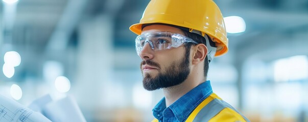 Industrial engineer examining blueprint designs on a factory floor, ensuring adherence to manufacturing specifications, Blueprint Inspection, Process Improvement