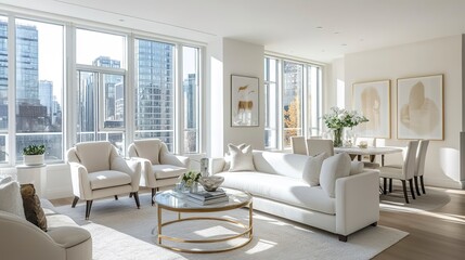 A bright, modern living room boasts white furniture, large windows allowing natural light, a cozy carpet, and an elegant dining area, creating an inviting and airy space 