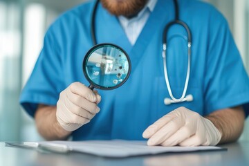 Worker reviewing product defects with a magnifying glass on a lab bench, defect analysis, detailed quality inspection
