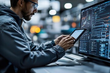 Fototapeta premium Worker using a tablet to monitor production quality from a control room, remote QC monitoring, digital quality assurance