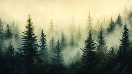 Misty pine forest offers a serene view, with towering trees shrouded in a veil of soft fog.