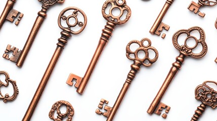 Vintage Copper Antique Keys Collection Top View Isolated on White Background for Elegant Home Decor and Unique Design Accents in Rustic Style