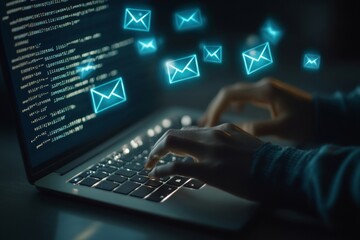 A person types on a laptop with glowing envelopes above, showcasing email marketing in action.