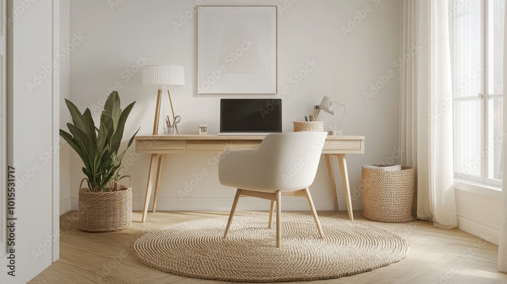 Poster this cozy home office showcases a minimalist desk and chair paired with woven baskets and greenery, 