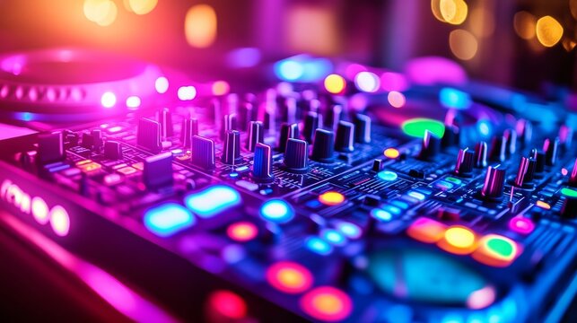 Vibrant DJ light show illuminating a pulsating sound system at a lively night party creating an electric atmosphere for unforgettable entertainment experiences.