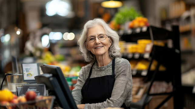healthy and smiling  older senior female cashier  is working on the cash register of thesuper market retail shop using  the tablet barcode scanner  filling the data in cash register 