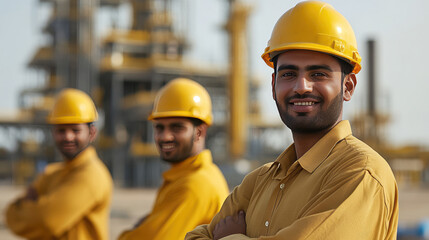 the petroleum, natural gas line  company workers are standing in front of the site 