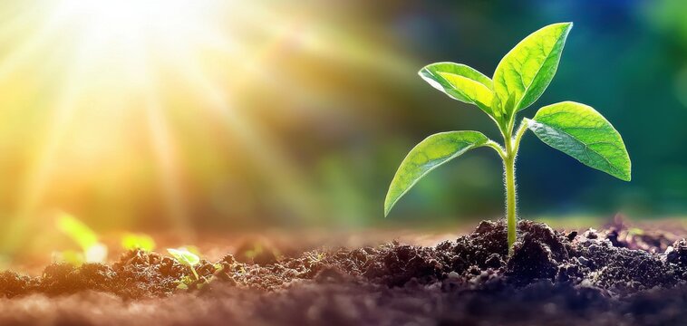 Close-up of a young green plant growing in the soil under sunlight.