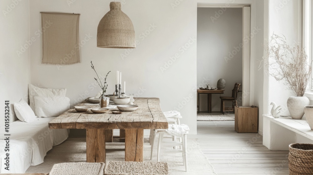 Aufkleber a cozy dining area features a rustic wooden table set for a meal, surrounded by minimalist decor and