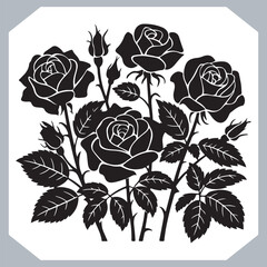 Roses set silhouette vector illustration, black and white bold line drawing of roses and leaves , Silhouette rose flower, floral collection