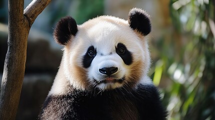 Obraz premium Adorable panda resting against a pristine white background, showcasing its distinctive black and white fur. This charming image captures the playful and gentle nature of the panda, 