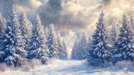 Naklejka premium Snow-covered pine trees glisten in winter, with beautiful sunlight streaming through the branches.