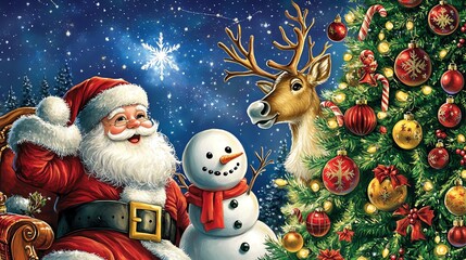 Festive Christmas scene with Santa Claus, snowman, reindeer, and decorated tree under a starlit sky, spreading holiday cheer and joy.