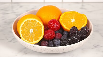 Fresh fruits including oranges, raspberries, and blueberries in a bowl.