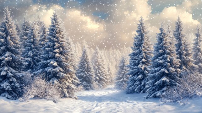 Snow-covered pine trees sparkle in the winter sun, creating a breathtaking winter wonderland.
