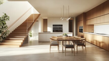 Fototapeta premium Spacious modern kitchen with dining area and wooden staircase flooded with natural light perfect for family gatherings and contemporary living.