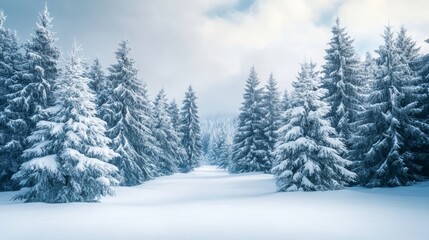 Snow-covered pine trees sparkle in the winter sun, creating a breathtaking winter wonderland.