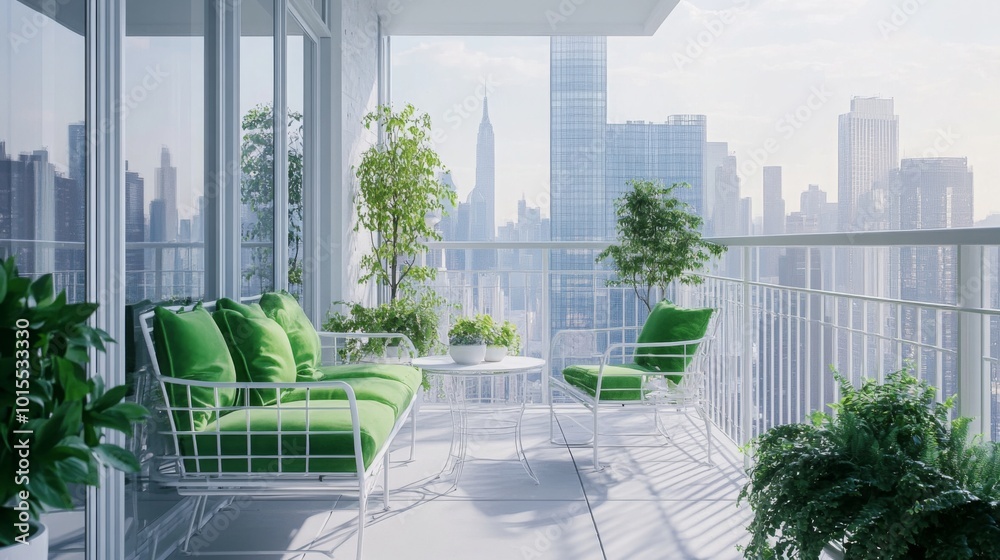 Poster a modern, white balcony with a white railing overlooks a hazy cityscape. two green cushioned white m
