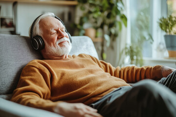 Fototapeta premium healthy rich older retired senior man is listening to music on headphones in his music audio room 