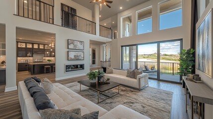 Spacious modern family room in contemporary new construction home featuring a stylish balcony for relaxing outdoor living and entertaining space.