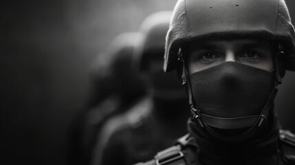 Fototapeta premium A group of special forces stands in a defensive formation, their faces partially hidden by helmets and masks, exuding a focused and tense atmosphere emphasizing military readiness