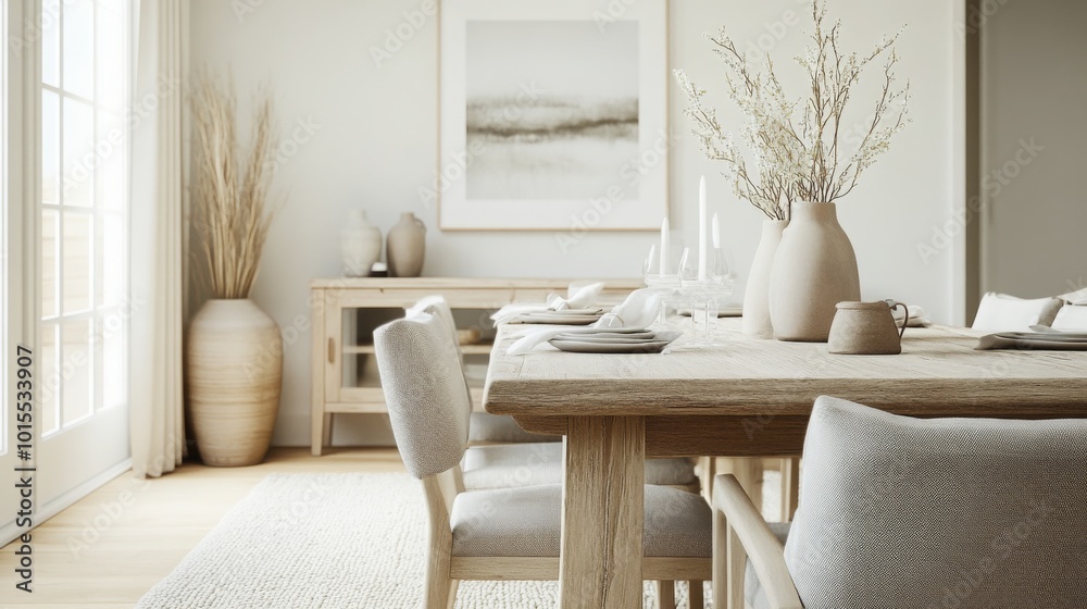 Aufkleber a spacious modern dining area features a wooden table set with neutral tableware