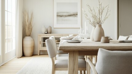 A spacious modern dining area features a wooden table set with neutral tableware