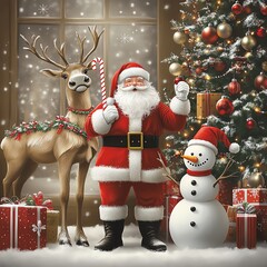 Festive Christmas scene with Santa Claus, reindeer, snowman, and decorated tree, surrounded by gifts in a winter wonderland.