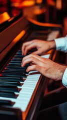 Obraz premium Hands playing piano keys in a warm, inviting atmosphere.