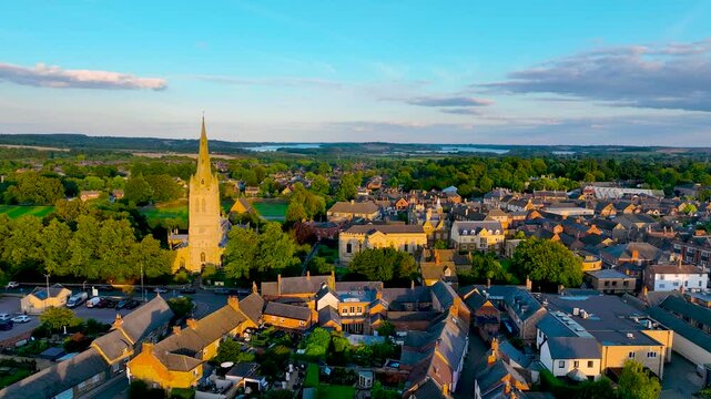 Aerial view of All saint church in Oakham, a market town and civil parish in Rutland in the East Midlands of England, UK