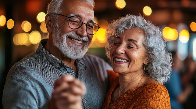older senior couple  are having fun dancing at the floor in the restaurant , they are enjoying company and music 